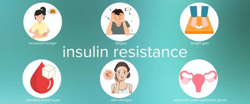 Illustration showing common signs of insulin resistance, including fatigue, abdominal weight gain, increased hunger, and high blood sugar levels.