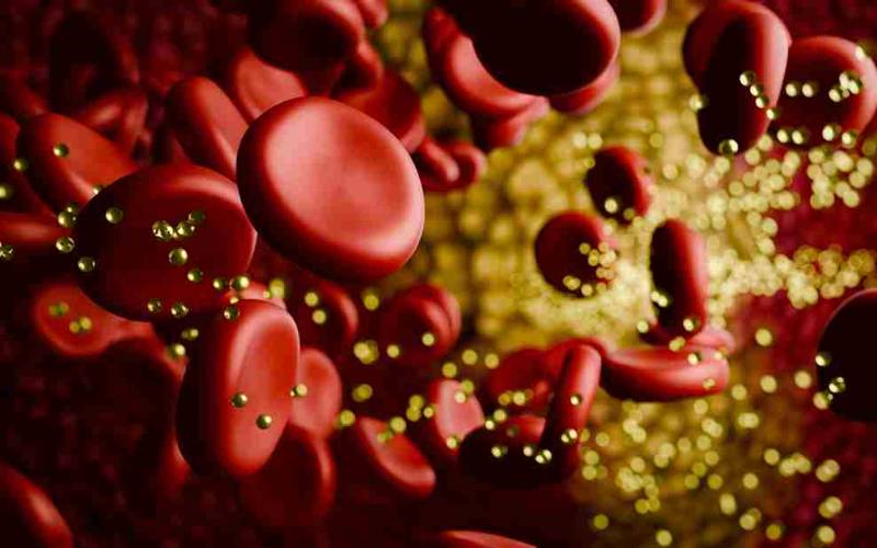 Illustration of cholesterol molecules circulating in the bloodstream, highlighting both LDL (bad cholesterol) and HDL (good cholesterol) particles near blood vessel walls