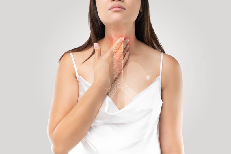 Diagram showing bronchitis affecting the airways and causing coughing
