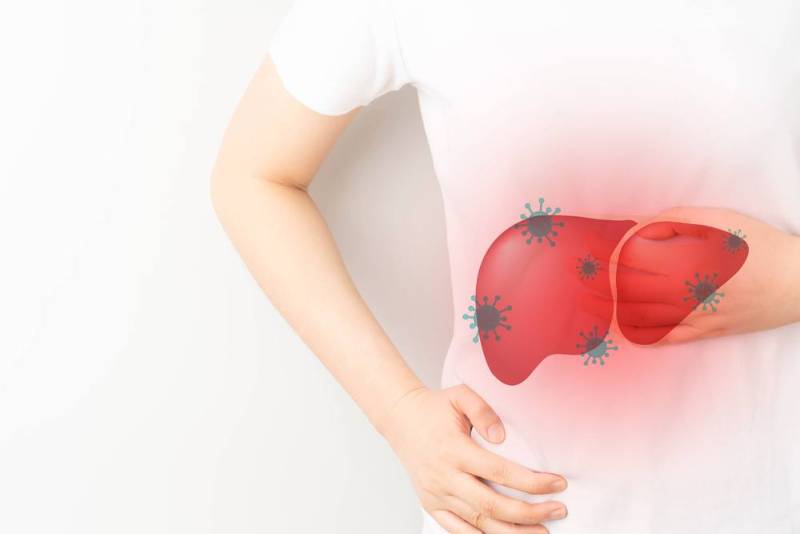 Illustration of the liver showing inflammation caused by Hepatitis B virus.