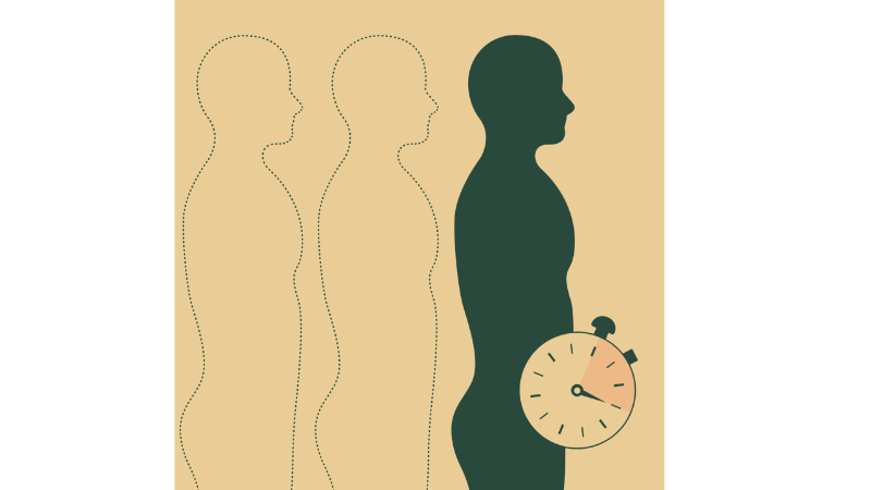 Illustration of a man with an alarm clock symbol near his pelvic area, symbolizing premature ejaculation and the urgency of early climax