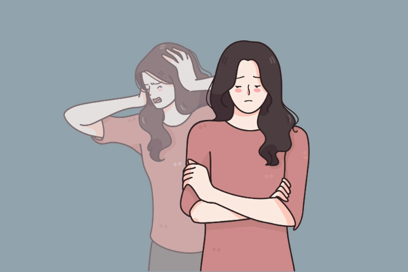 A Woman with schizophrenia holding her head in distress, symbolizing confusion, hallucinations, and emotional struggle