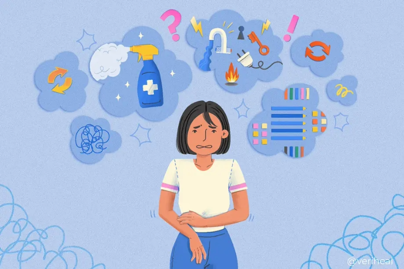 A female overwhelmed by OCD, crying as her mind is surrounded by numerous intrusive thoughts and compulsive tools, illustrating the emotional burden of the disorder