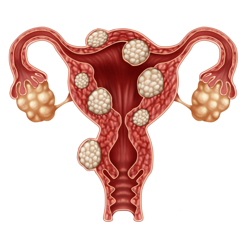 Medical illustration of a uterus showing multiple fibroids (uterine fibroids) located in different areas, including the uterine wall, outer surface, and inner lining.