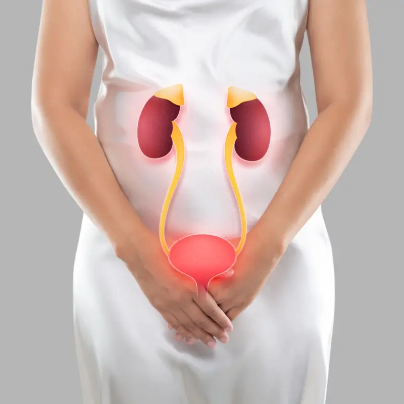 A woman appears uncomfortable and is crossing her legs while holding her lower abdomen, symbolizing the urgency and distress caused by urinary incontinence.