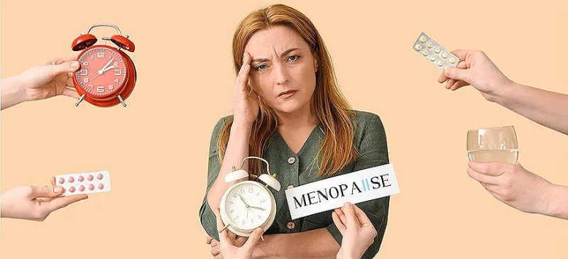 A middle-aged woman looks concerned and holds her head, surrounded by hands offering pills, a clock, a glass of water, and a menopause sign—symbolizing the stress, timing, and treatment options related to menopause.